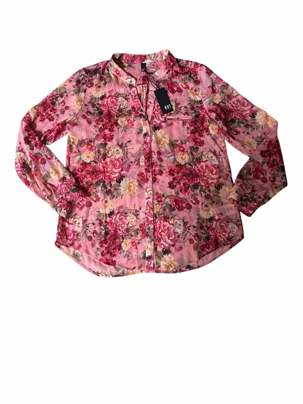 NEW Kut From the Kloth Jasmine Chiffon Blouse Floral Sheer Long Sleeved Shirt, L - Picture 2 of 12